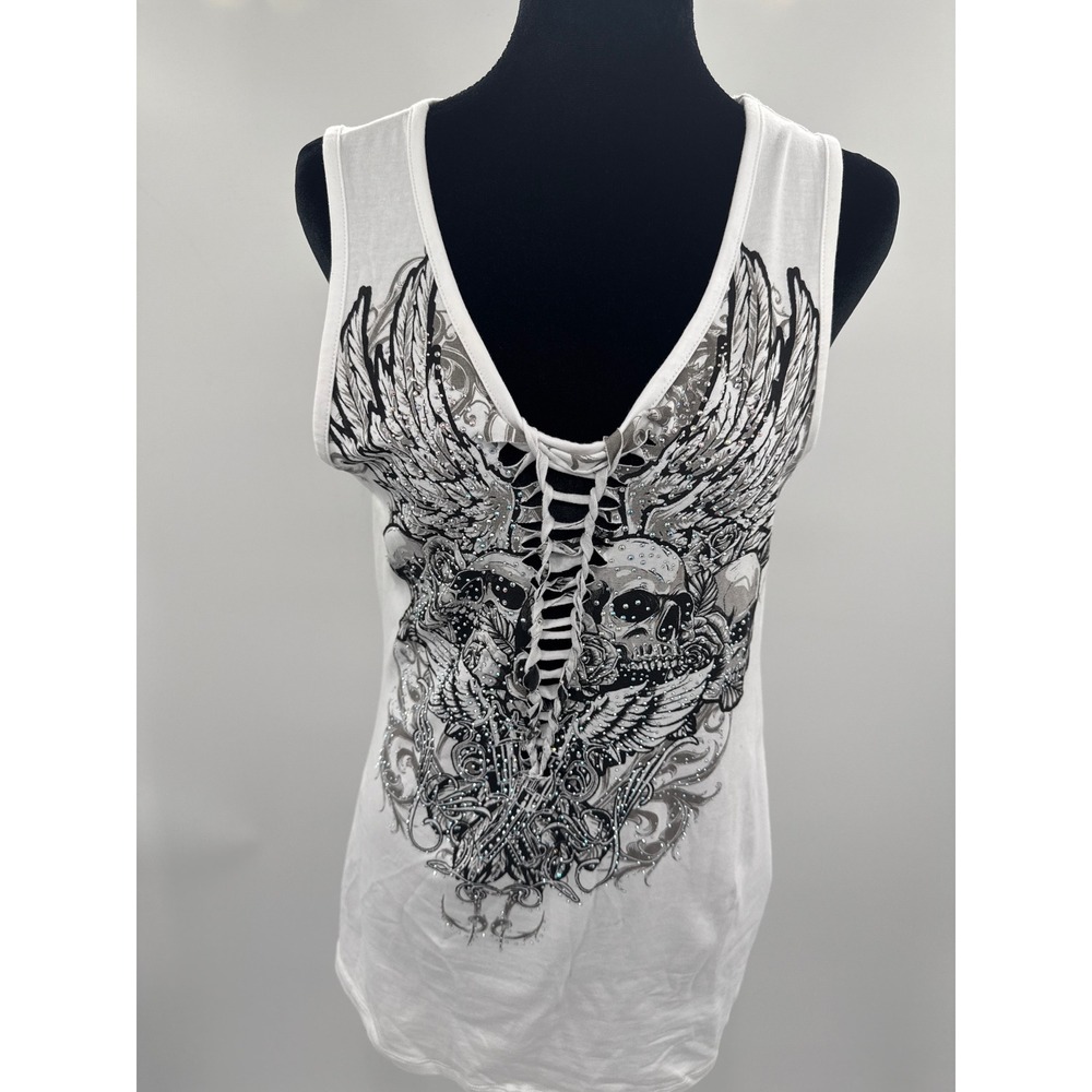 Platinum Plush Bus Stop White Skull Wing Rhinestone Shredded Tank Top L Y2K